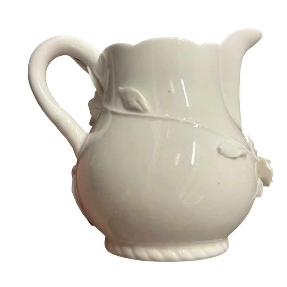 Godinger Antique Reflections Cream Ceramic Rose Pitcher 3D Floral Victorian Shab